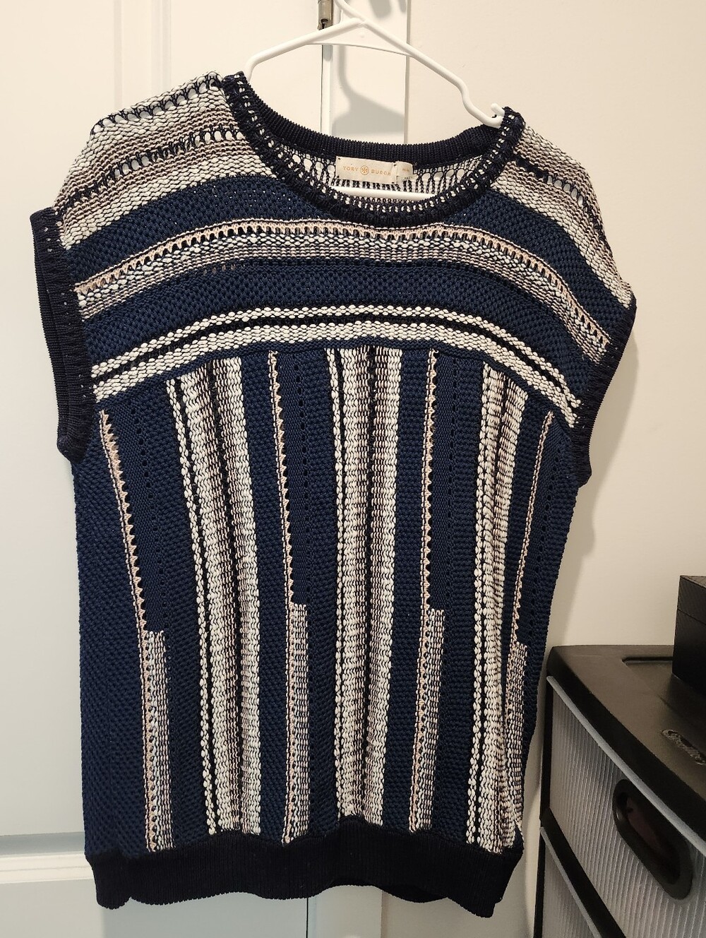 Tory Burch Striped Navy and Cream Knit Sleeveless Sweater Medium